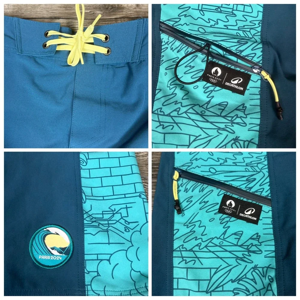 Decathlon Paris 2024 Olympic Boardshorts Turquoise Blue 32 Mens Swim Trunks SEO